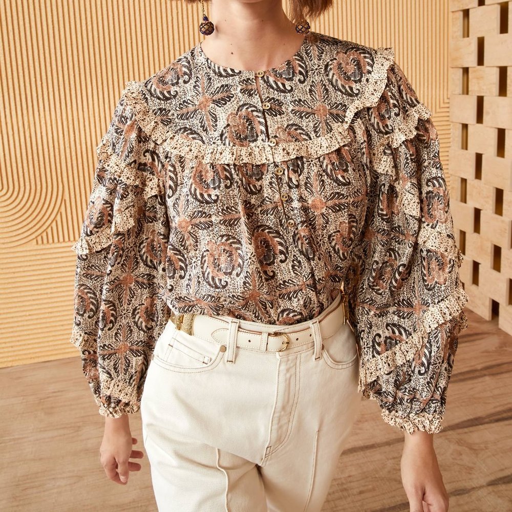 Ulla Johnson Edith Floral Long Sleeve Cotton Blouse, Size 2